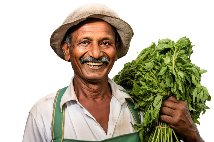 Cheerful Indian farmer portrait on white background