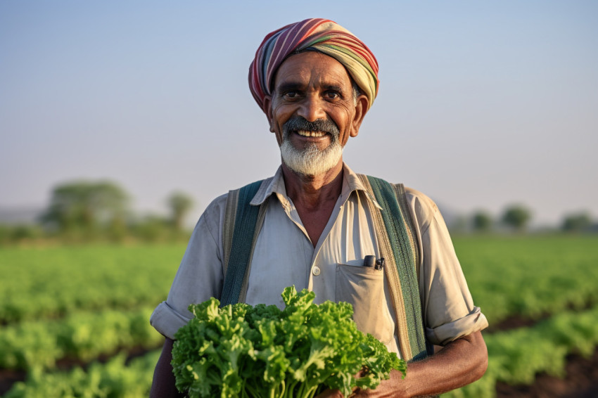 Indian farmer smiling in agriculture field