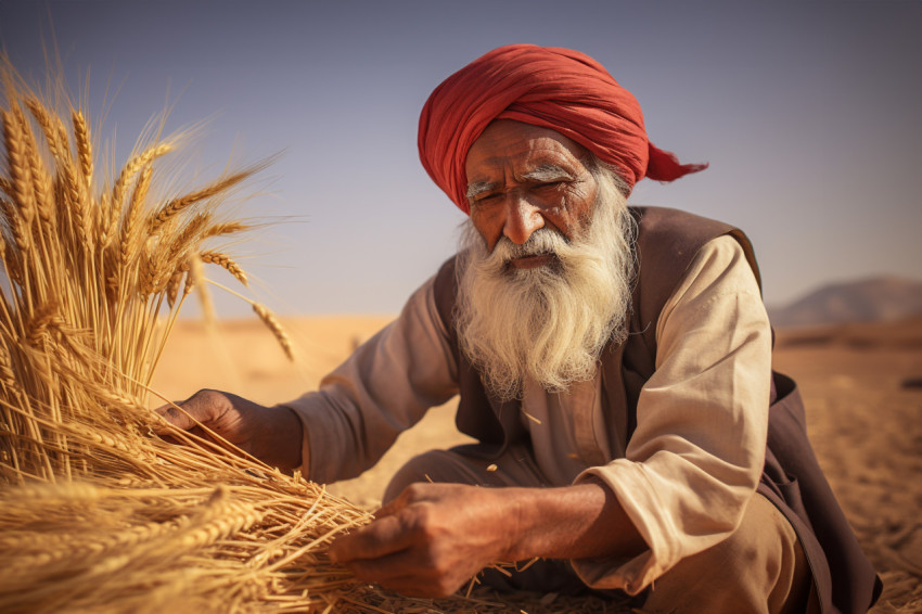 Indian farmer scatters wheat in field