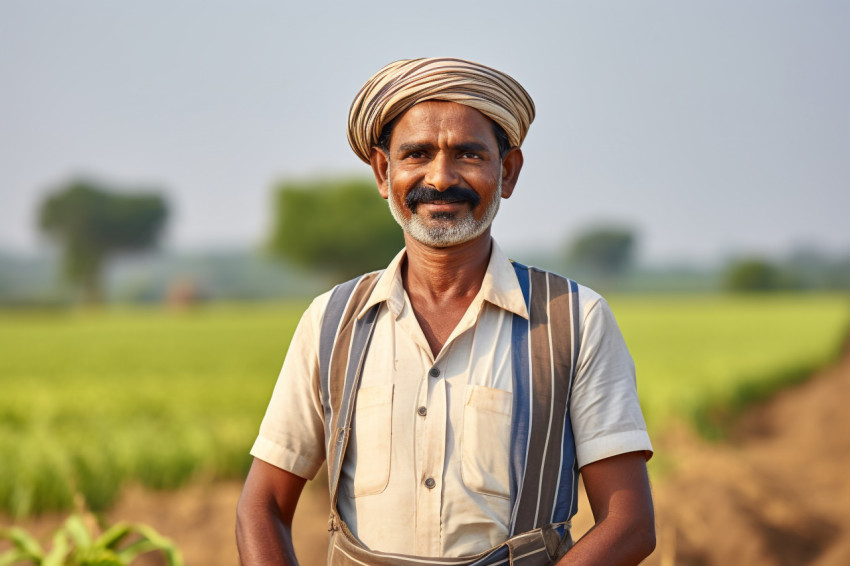 Indian farmer smiling in agriculture field