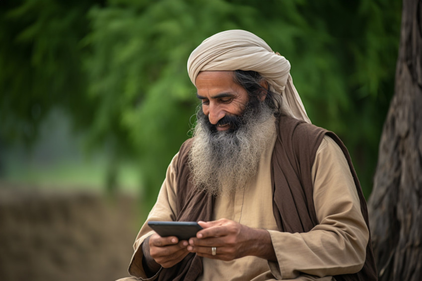 Indian farmer in rural India with smartphone