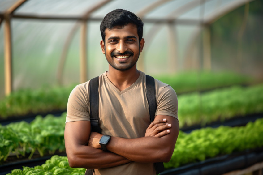 Smiling Indian farmer stands with crossed arms in his polyhouse greenhouse