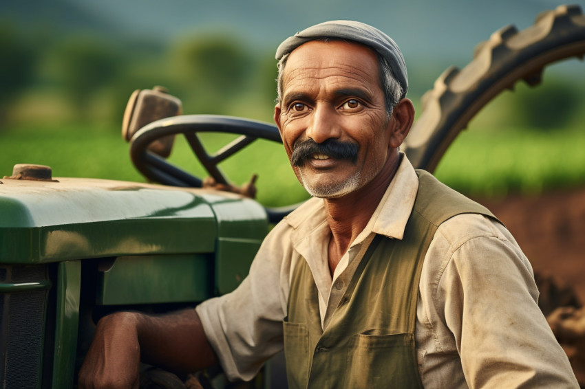 Indian farmer portrait with tractor