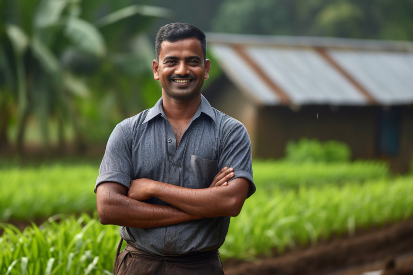 Smiling Indian farmer stands with crossed arms in his polyhouse greenhouse