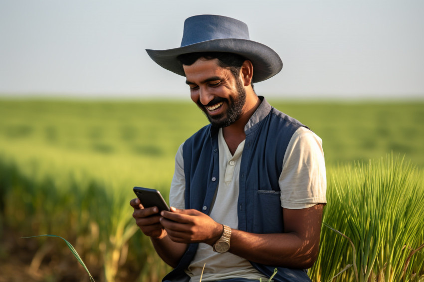 Young Indian farmer checking smartphone in wheat field