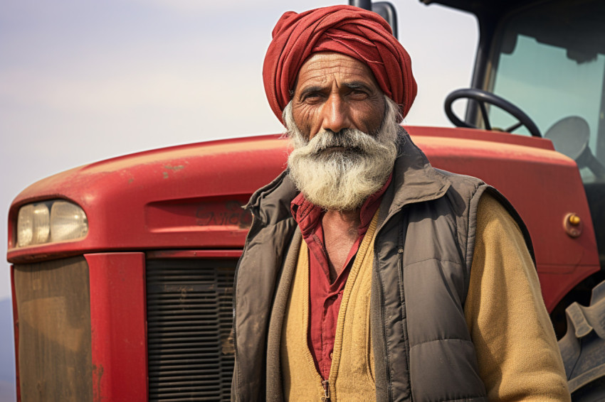 Indian farmer portrait with tractor