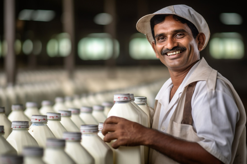 Happy milk farmer in rural India working on dairy farm