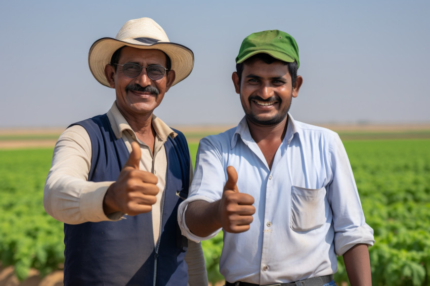 Indian farmer and agronomist giving thumbs up at cotton field