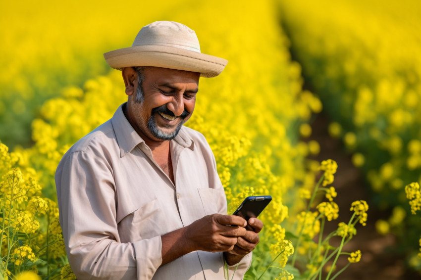 Indian farmer using phone in mustard field