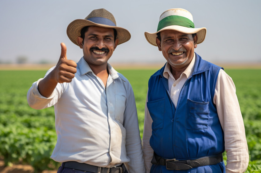 Indian farmer and agronomist giving thumbs up at cotton field