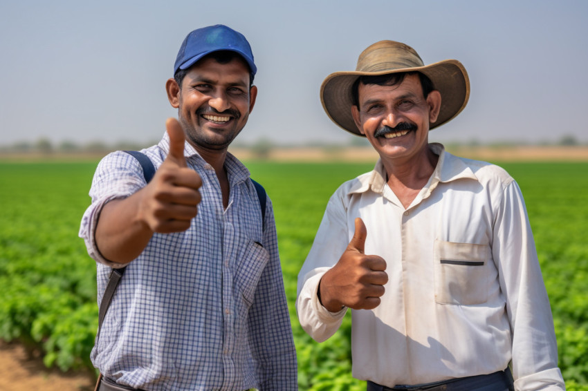 Indian farmer and agronomist giving thumbs up at cotton field