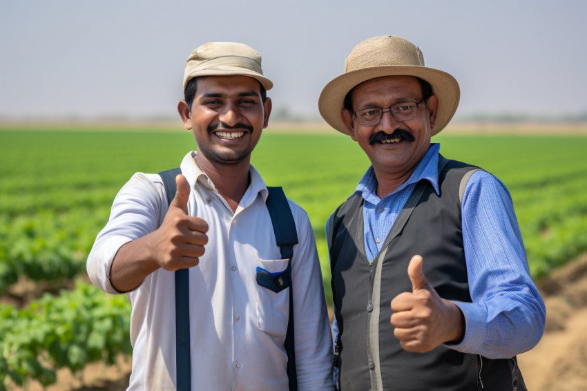 Indian farmer and agronomist giving thumbs up at cotton field