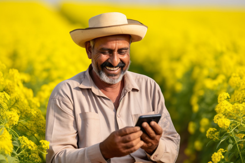 Indian farmer using phone in mustard field