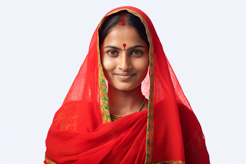 Smiling Indian woman in saree on white background