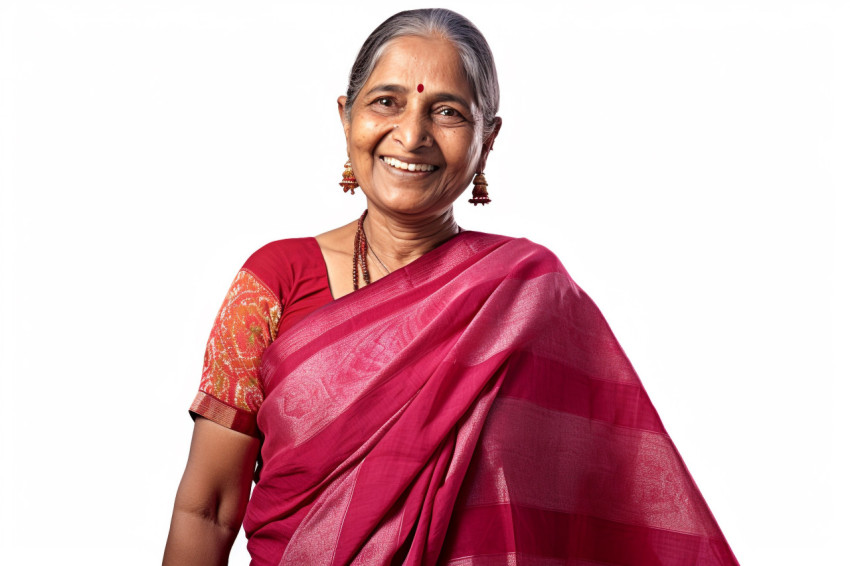 Smiling Indian woman in saree on white background