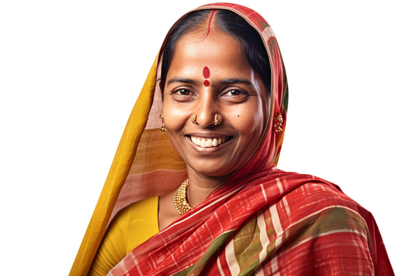 Smiling Indian woman in saree on white background