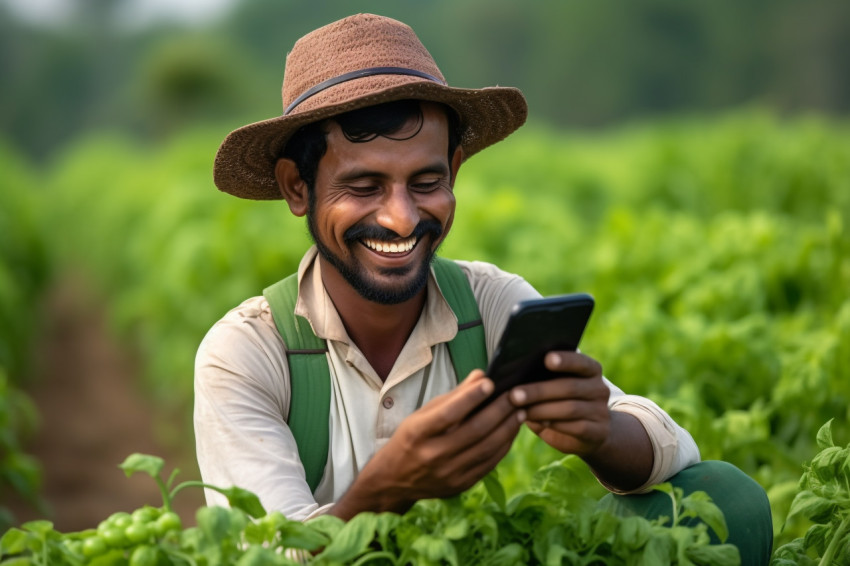 Indian farmer using mobile on green field