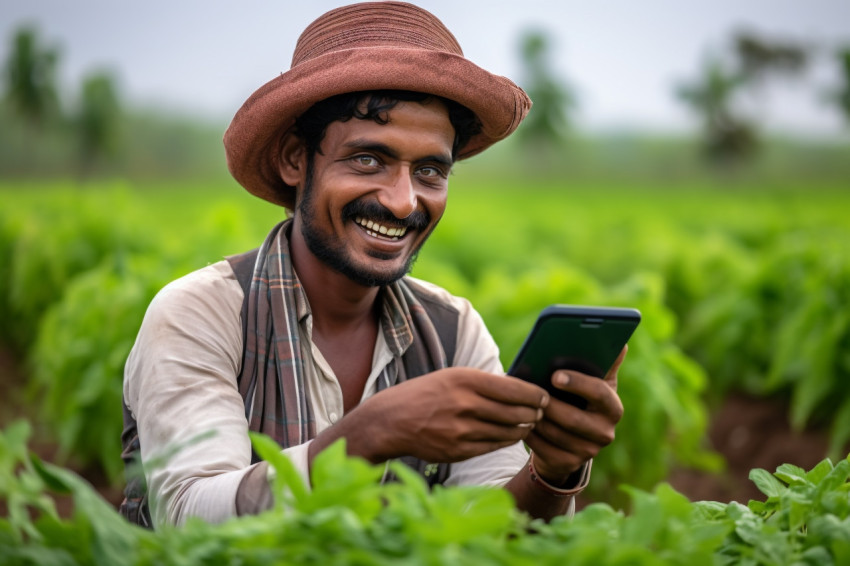 Indian farmer using mobile on green field