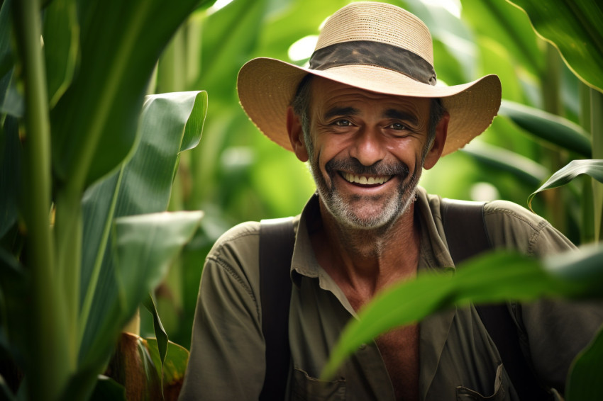 A farmer posing in a banana plantation in the American tropics