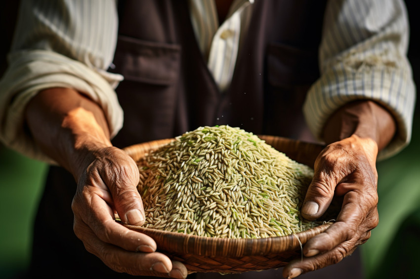 Farmer pouring paddy rice photo