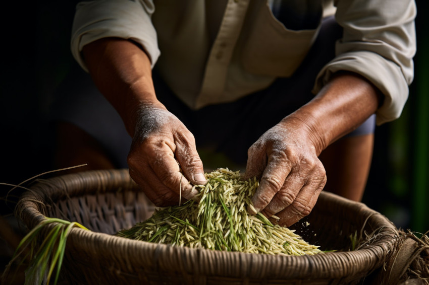 Farmer pouring paddy rice photo