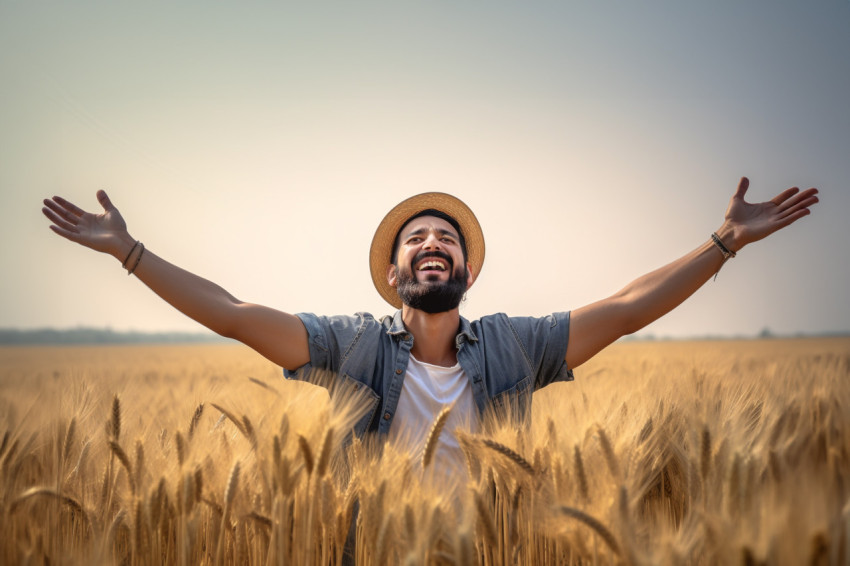 Cheerful young Indian farmer standing in wheat field with arms outstretched