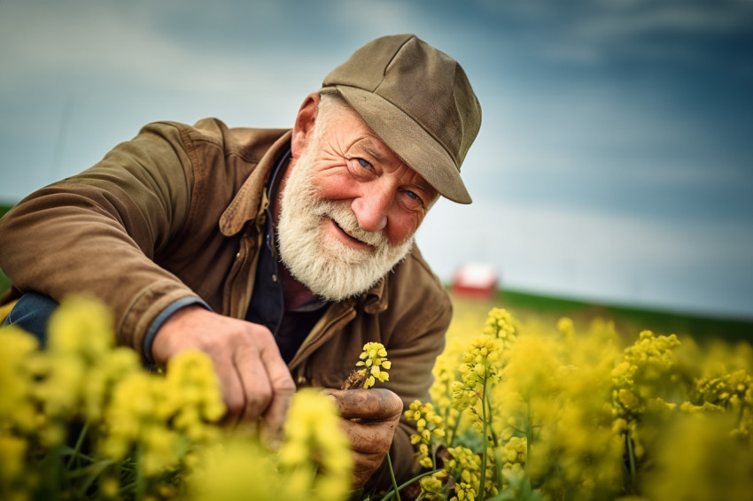 Farmer inspecting oilseed field