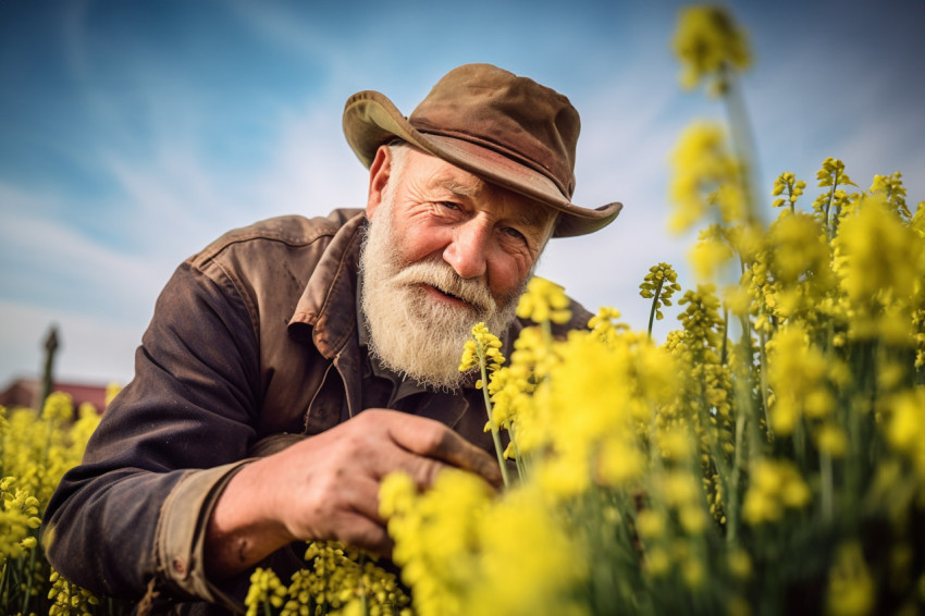 Farmer inspecting oilseed field