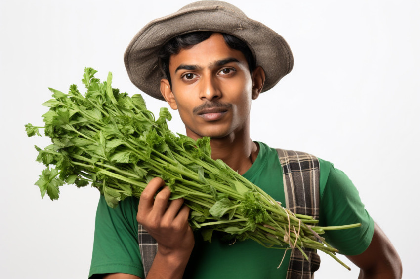 Indian farmer posing on white background