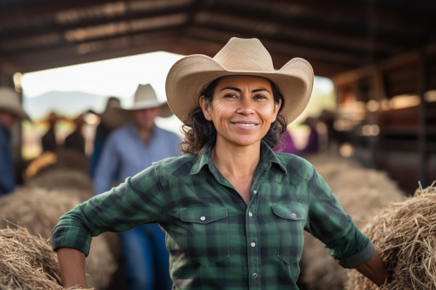 Cheerful Mexican woman farmer poses with cows in stall