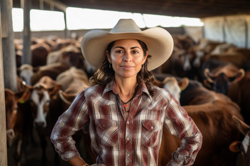 Mexican woman farmer smiling with cows