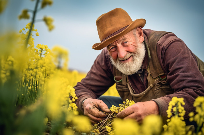 Farmer inspecting oilseed field