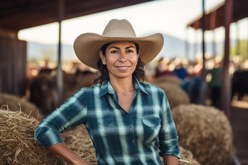 Cheerful Mexican woman farmer poses with cows in stall