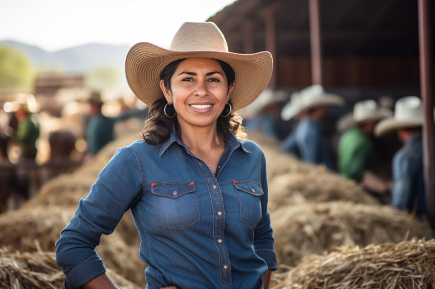 Cheerful Mexican woman farmer poses with cows in stall