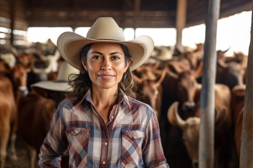 Mexican woman farmer smiling with cows