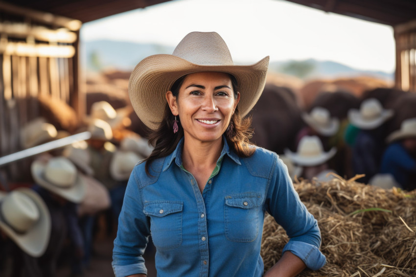 Cheerful Mexican woman farmer poses with cows in stall