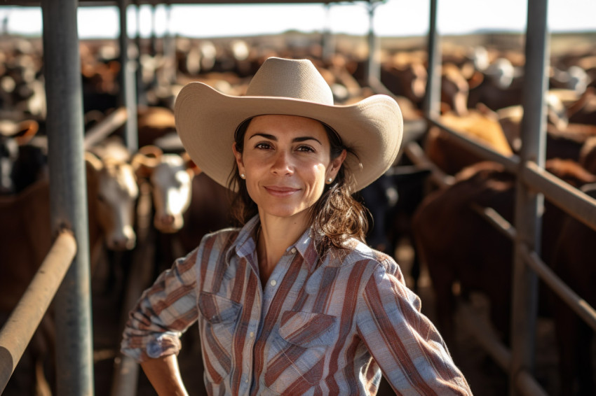 Mexican woman farmer smiling with cows