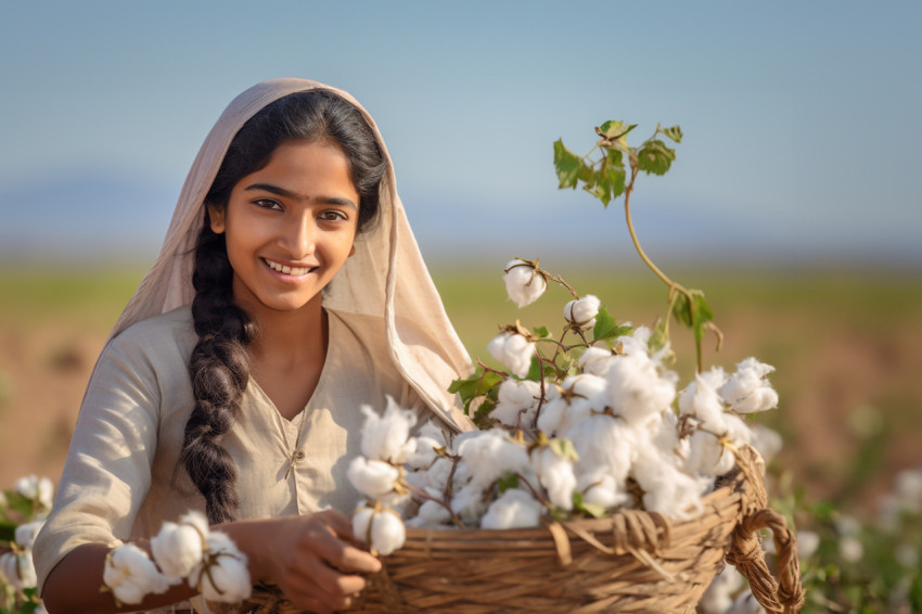 Indian woman harvesting cotton crop