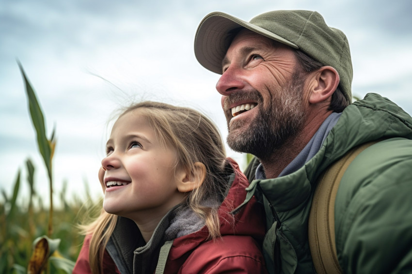 Happy father and daughter in agricultural field