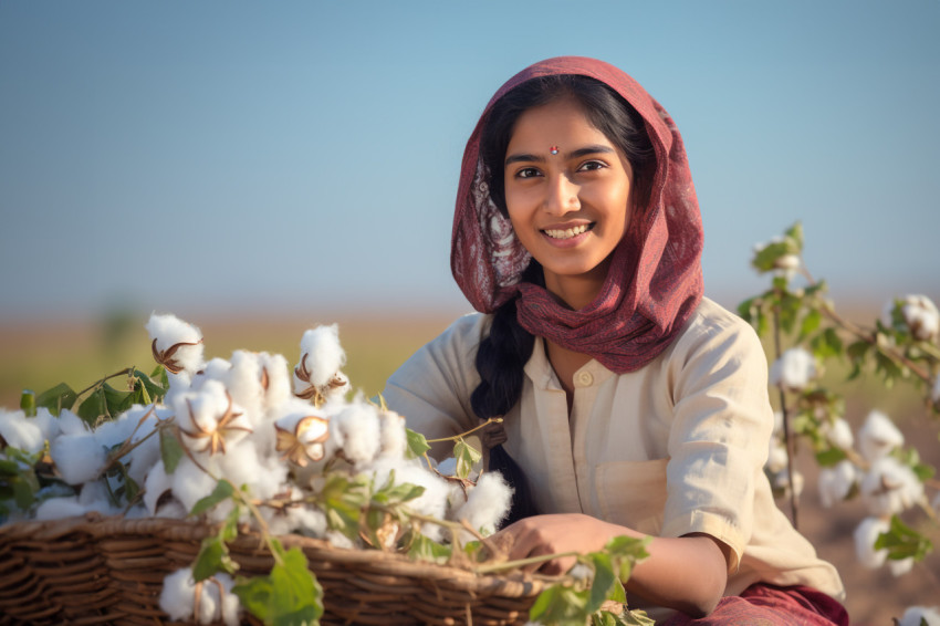 Indian woman harvesting cotton crop