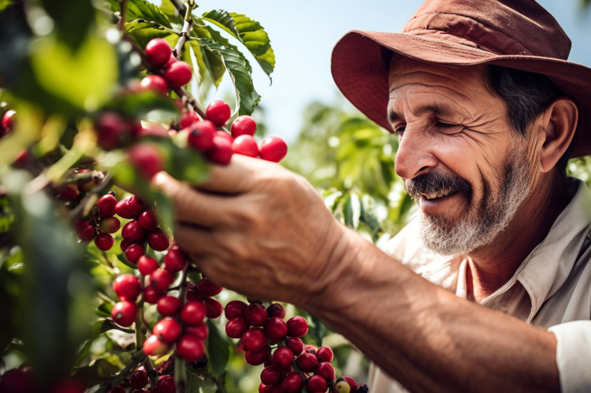 Farmer harvests Arabica coffee beans