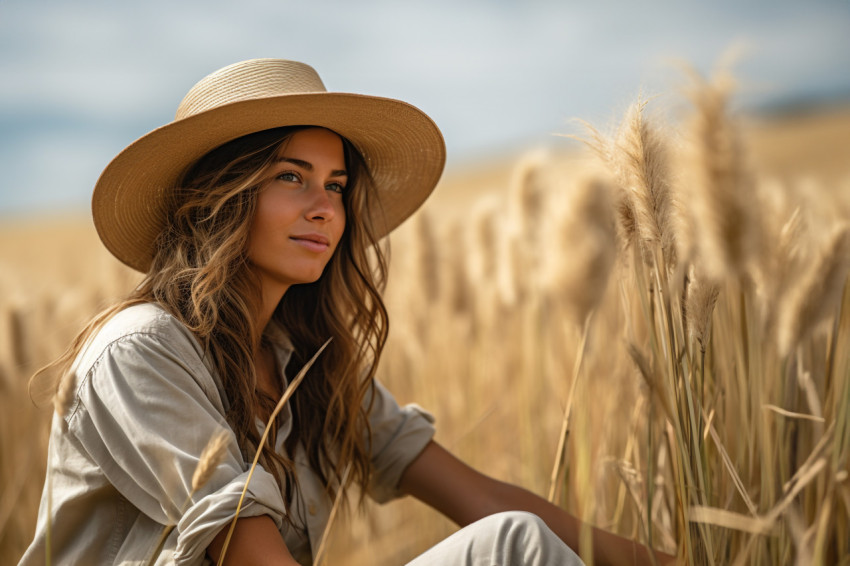 Woman taking break in wheat field photo