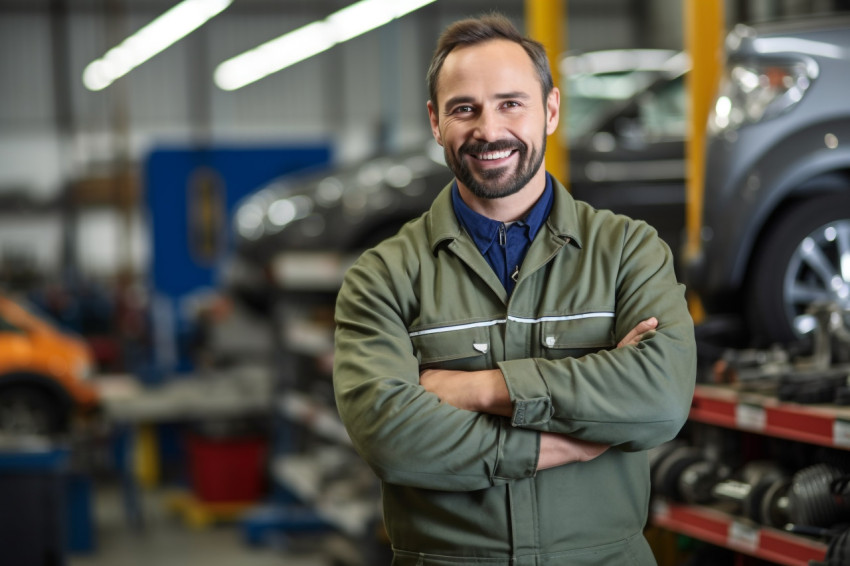 Mechanic working on car with blurred background