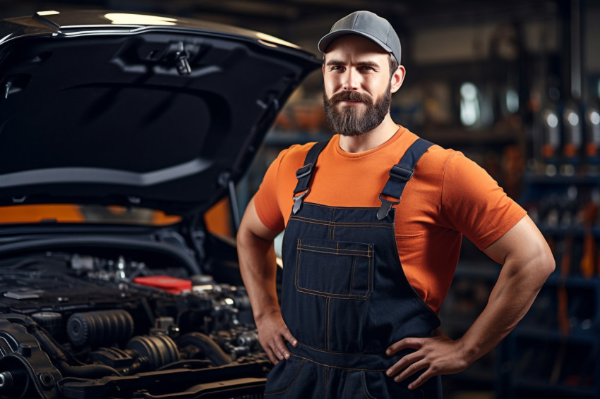 Mechanic working on car with blurred background