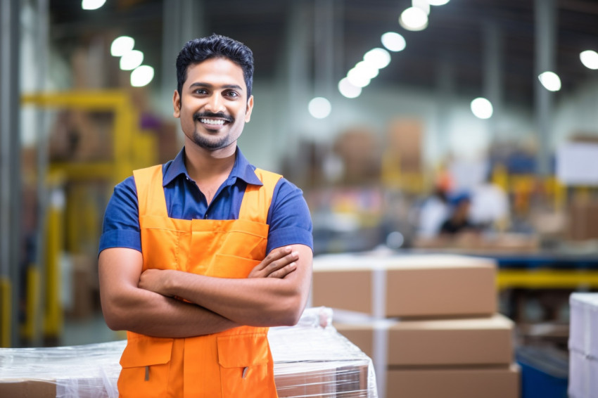 Happy Indian factory worker smiling at work on blured background