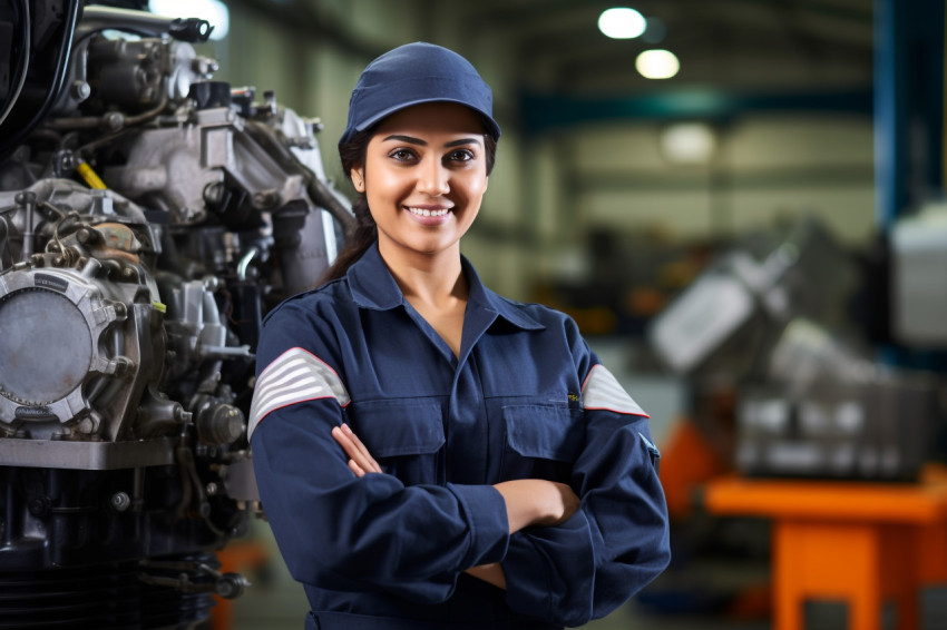 Smiling Indian woman chief engineer hard at work on blured background