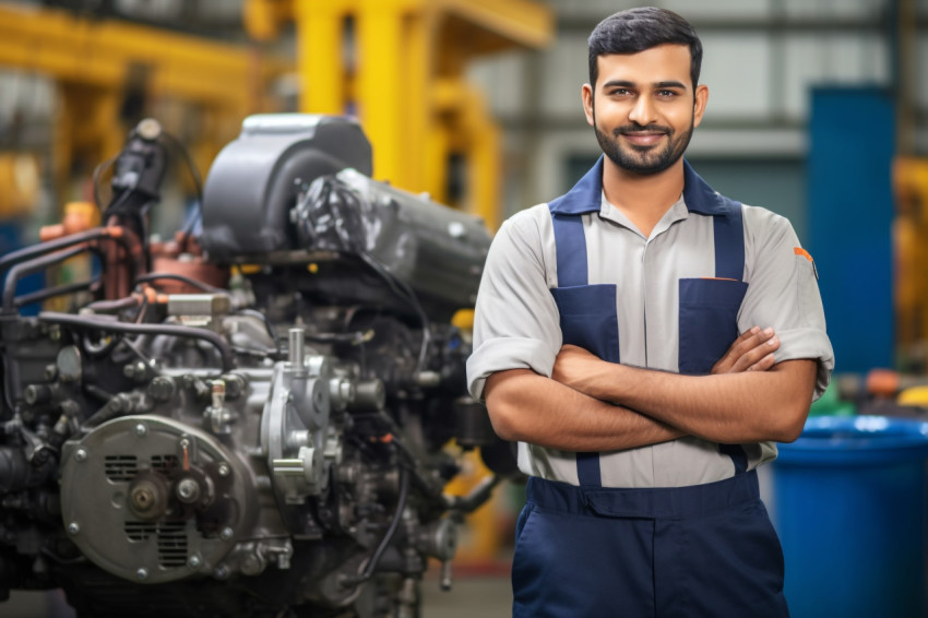 Smiling Indian woman chief engineer hard at work on blured background