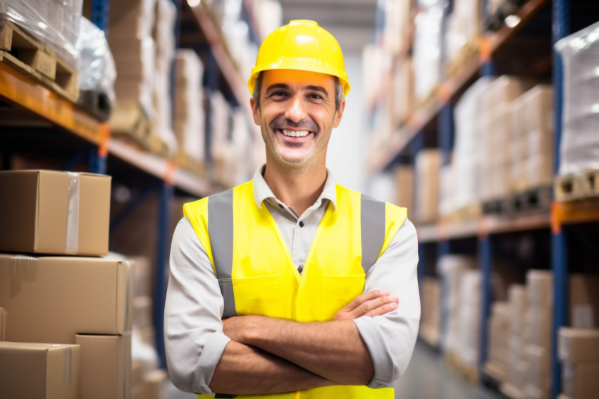 Smiling factory worker at work on blured background