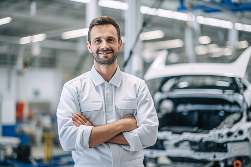 Car factory engineer smiling at work on blured background