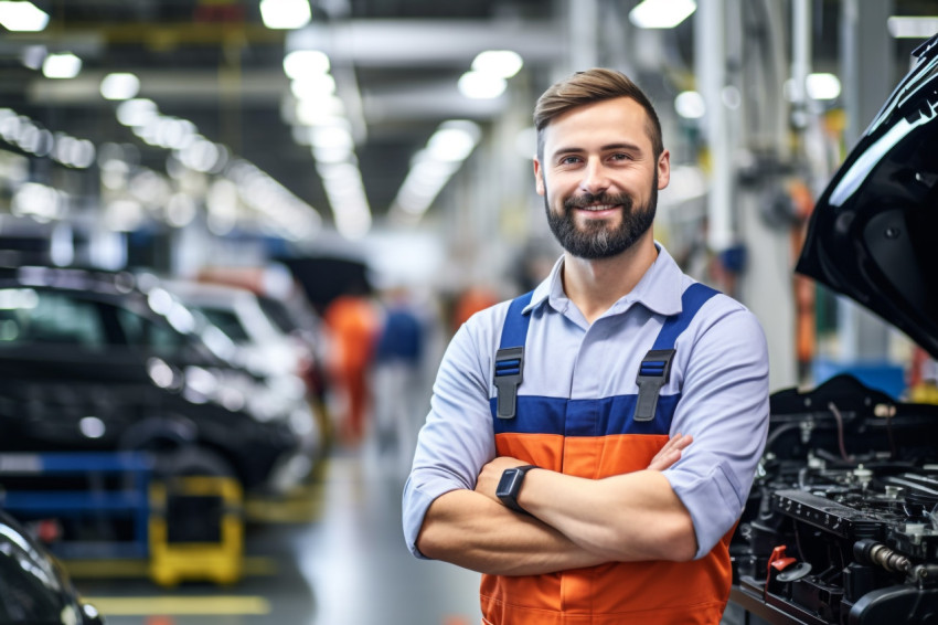 Car factory engineer smiling at work on blured background